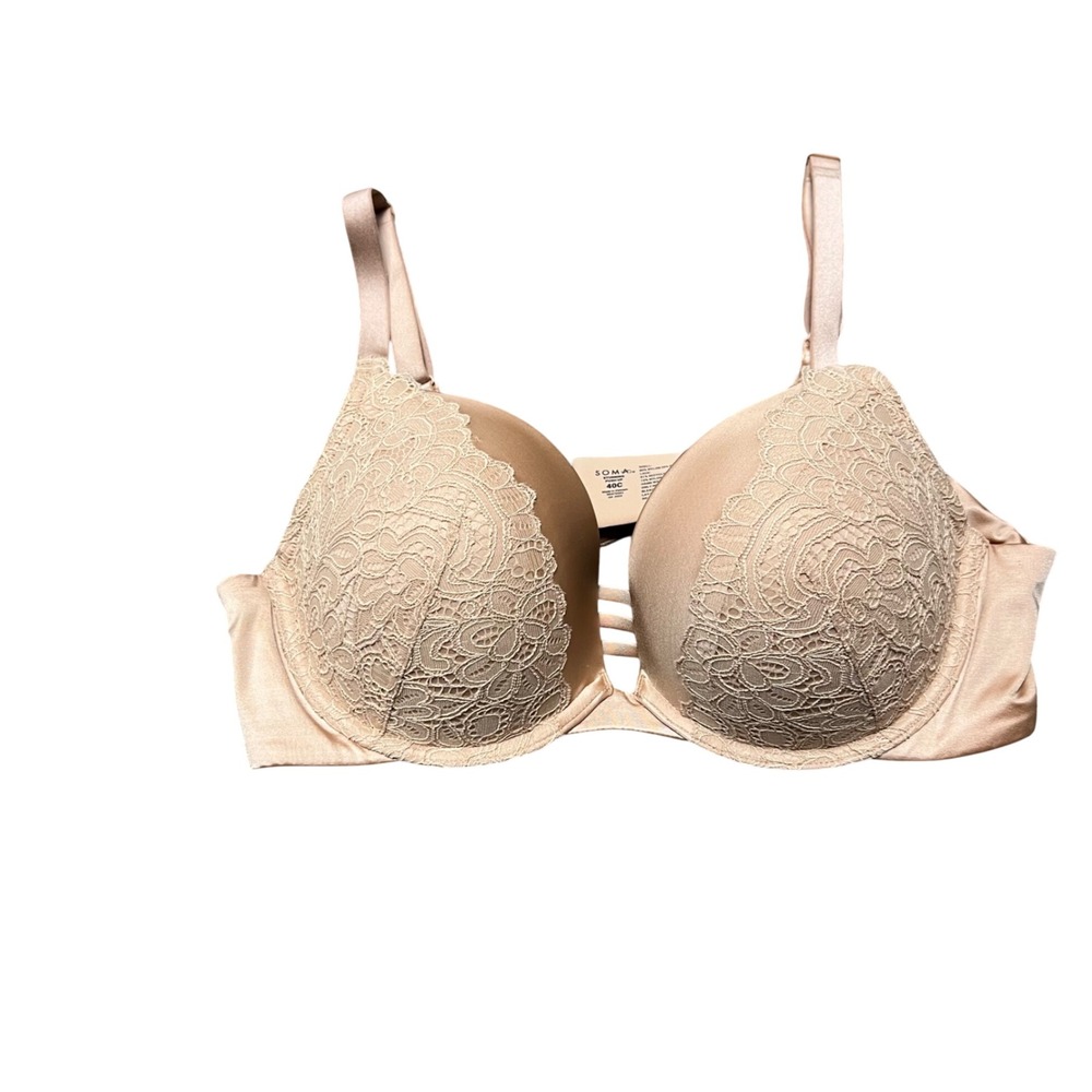 Soma Stunning Push-Up Plunge Bra 40C Nude Tan Floral Lace Padded Underwire 79984